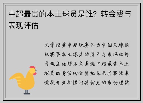 中超最贵的本土球员是谁？转会费与表现评估